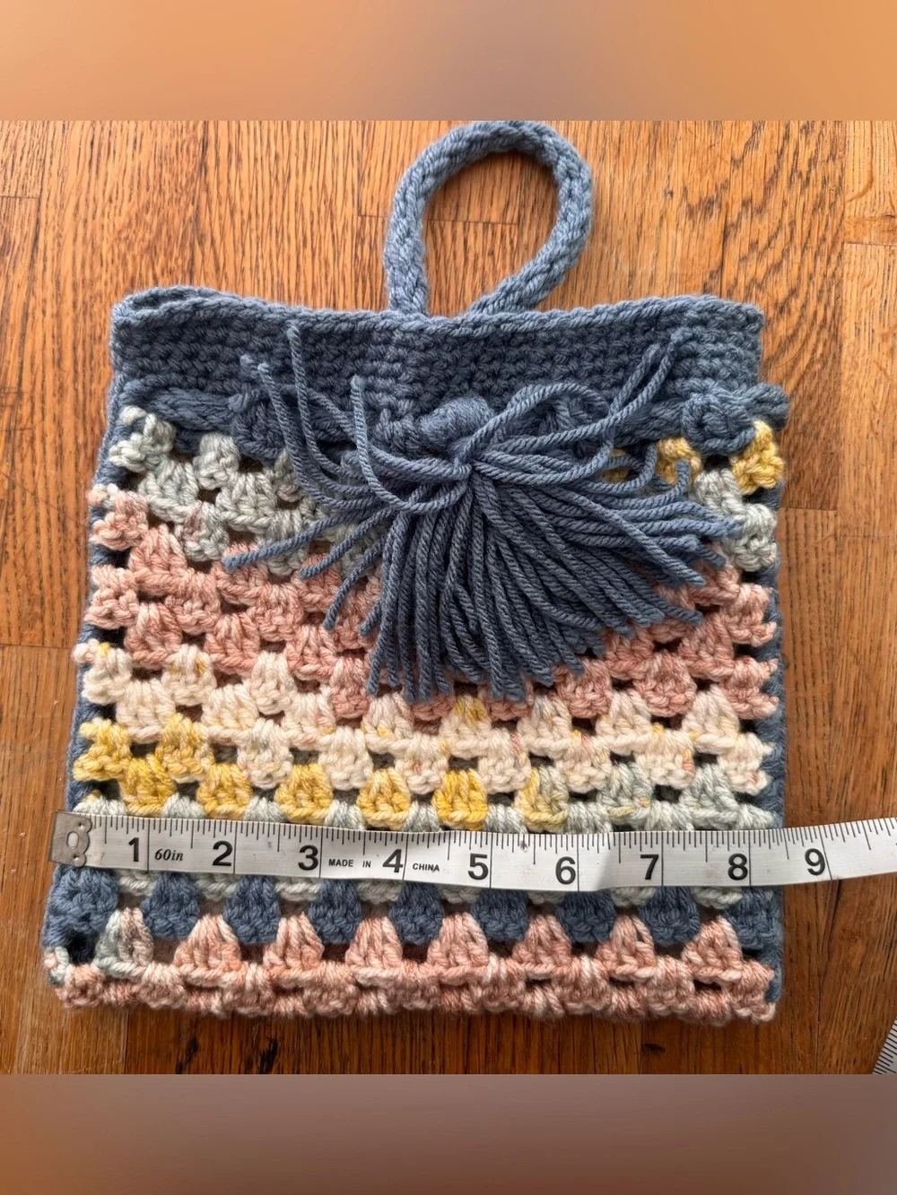 Handmade Crochet Granny Stitch Drawstring Bucket Bag | Boho Tassel Purse